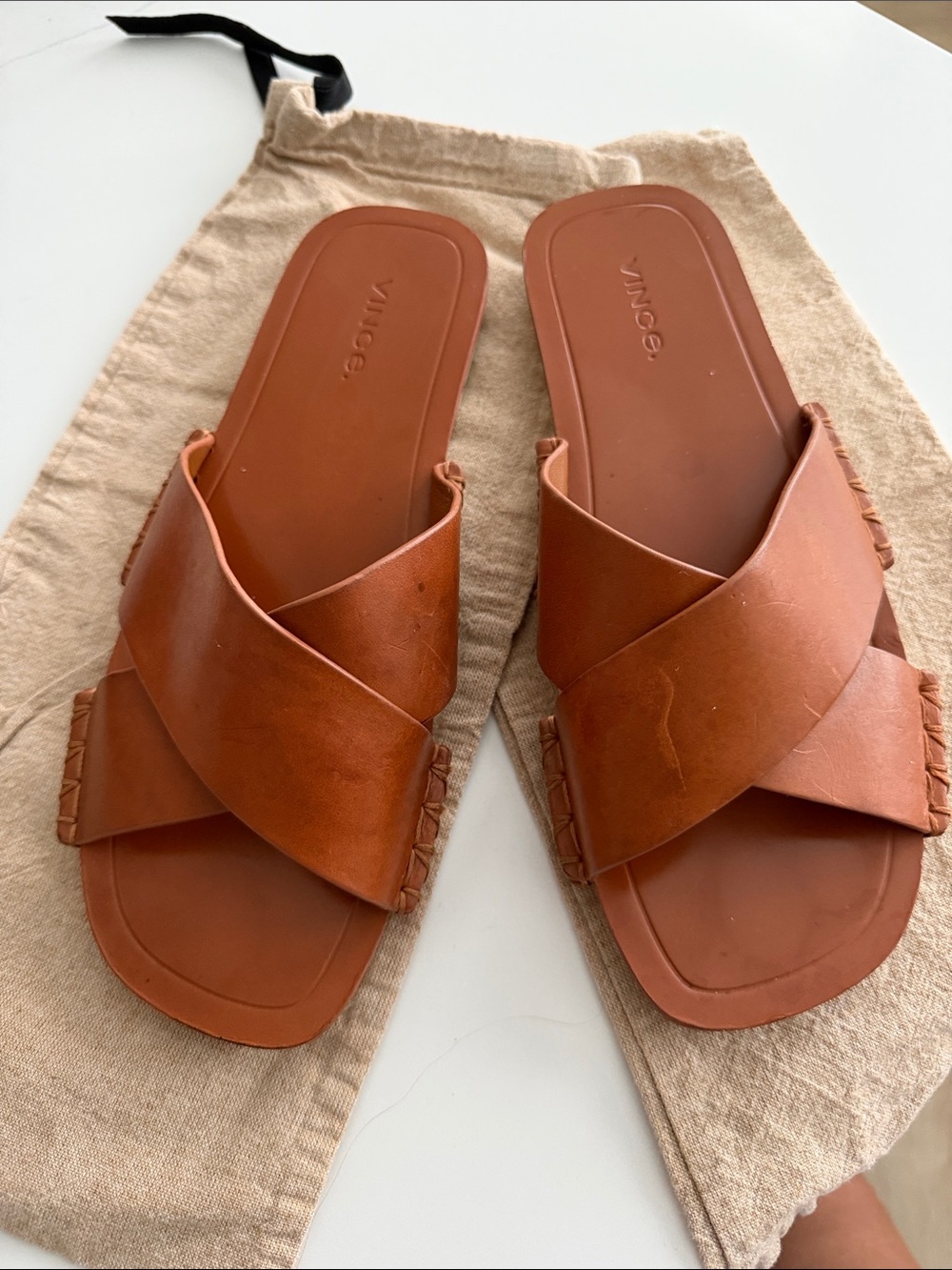 Vince Tan Leather Crisscross Slide Sandals